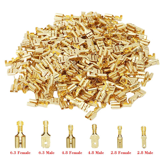 100/200Pcs2.8/4.8/6.3mm Female and male Crimp Terminal Connector Gold Brass/Silver Car Speaker Electric Wire Connectors Set