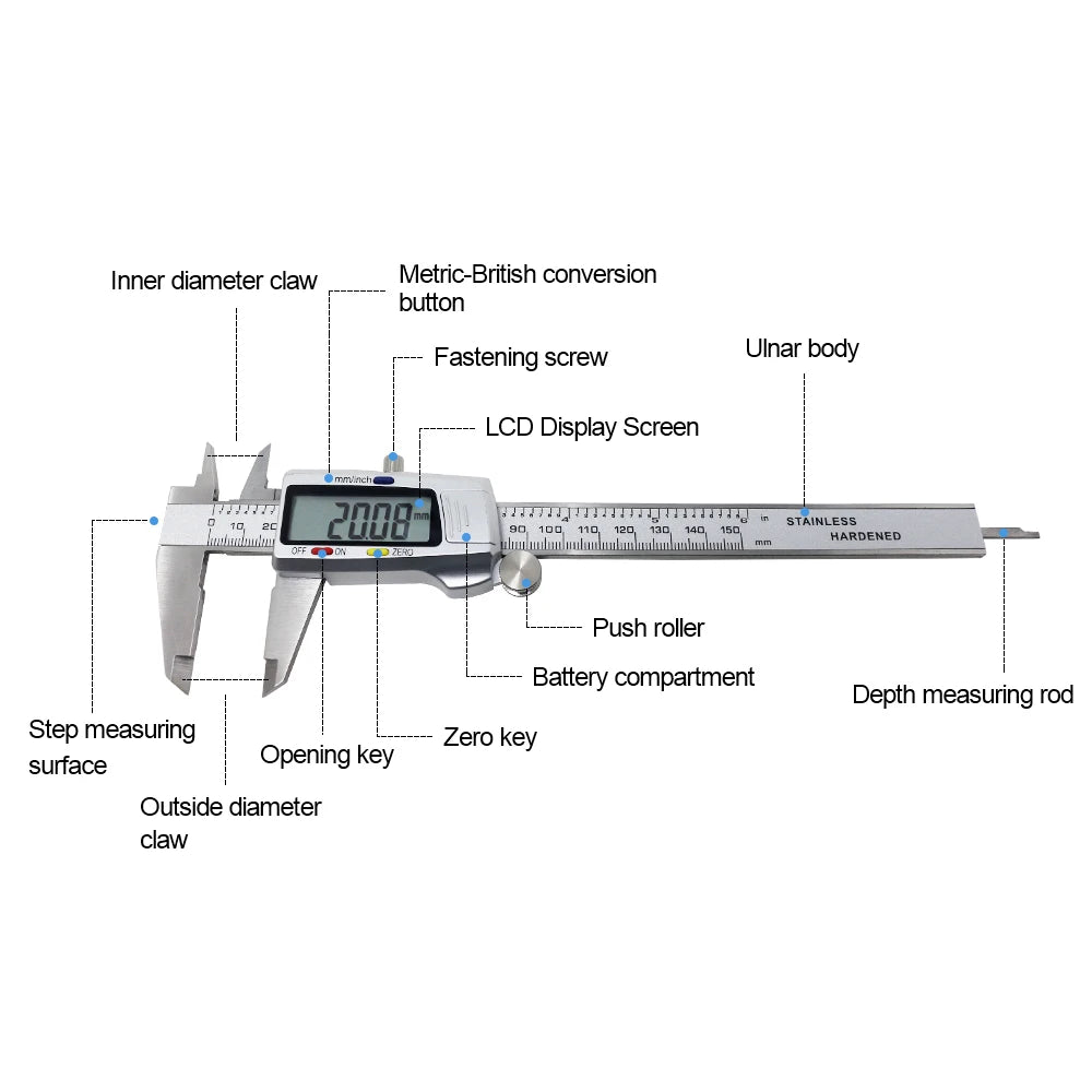 Calibro a corsoio digitale da 6 pollici e 150 mm, in acciaio inossidabile, strumento di misurazione del micrometro, righello di profondità, Paquimetro