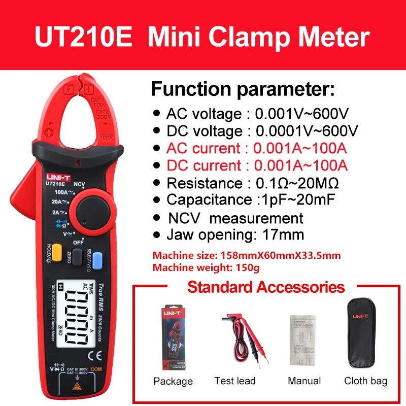 UNI-T UT210E UT210D Pinza amperometrica digitale AC DC True RMS Pinza amperometrica Misuratore di tensione Misuratore di frequenza