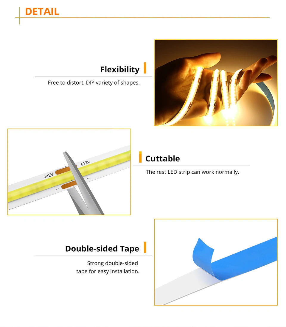 Striscia LED COB da 5M 10M 12V 24V 320LED/M Striscia LED flessibile FCOB ad alta luminosità Nastro lineare dimmerabile per l'arredamento della stanza