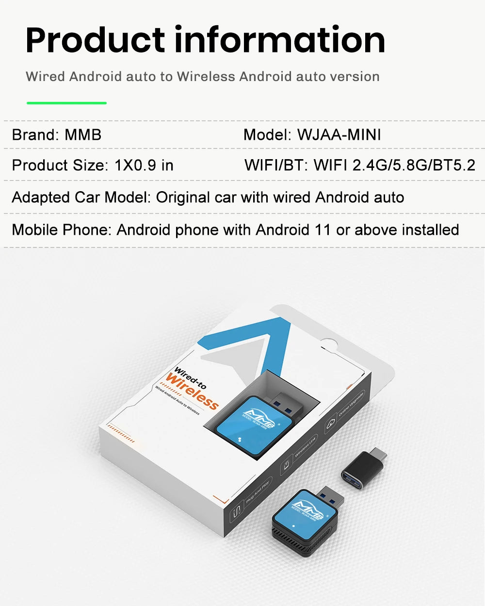 Adaptateur intelligent Android Auto Mini MMB 2024 filaire vers WiFi sans fil Bluetooth 5.2 Connexion rapide Plug and Play Accessoires pour VW Audi