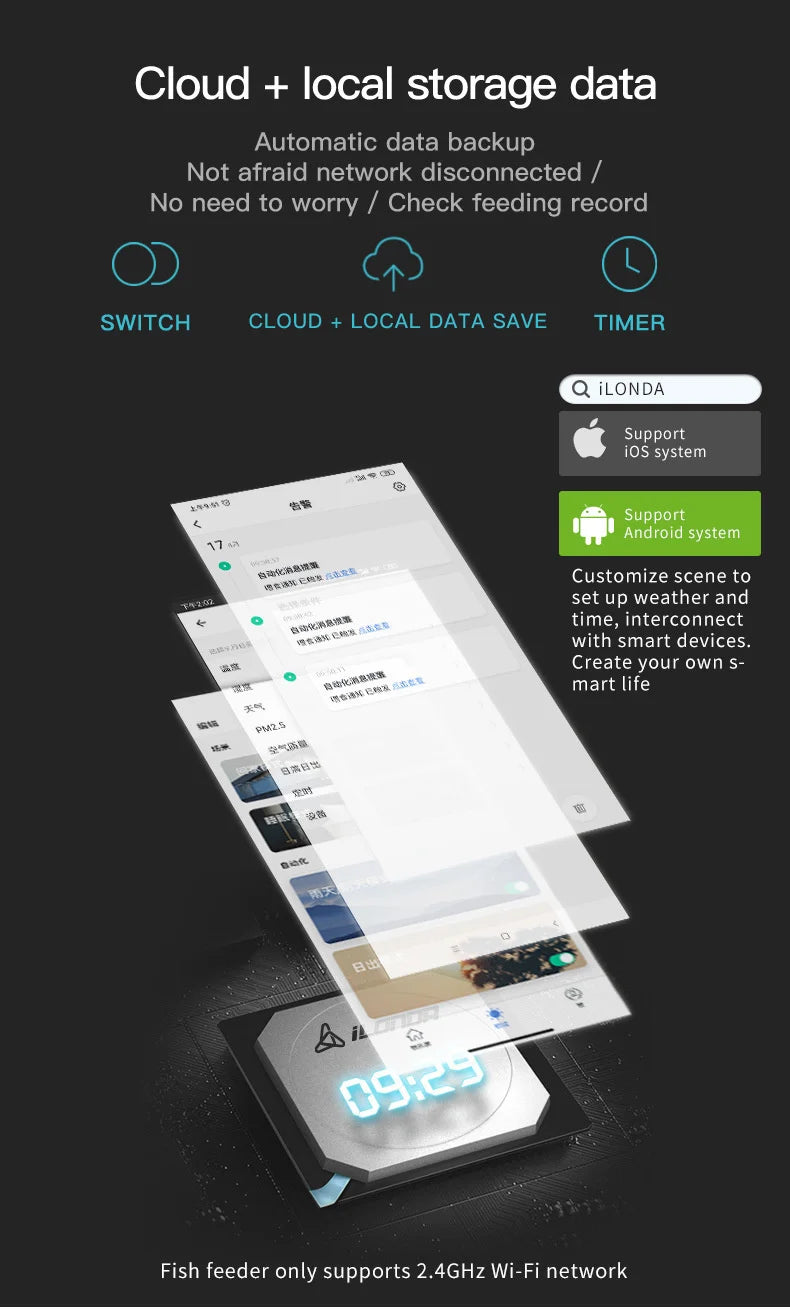 Ilonda Wifi Fish Feeder Organ Smart Control Aquarium Tank Dispositivo di alimentazione automatico Temporizzazione Attrezzatura da pesca Accessori Carpa