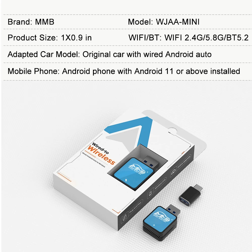 Adaptateur intelligent Android Auto Mini MMB 2024 filaire vers WiFi sans fil Bluetooth 5.2 Connexion rapide Plug and Play Accessoires pour VW Audi