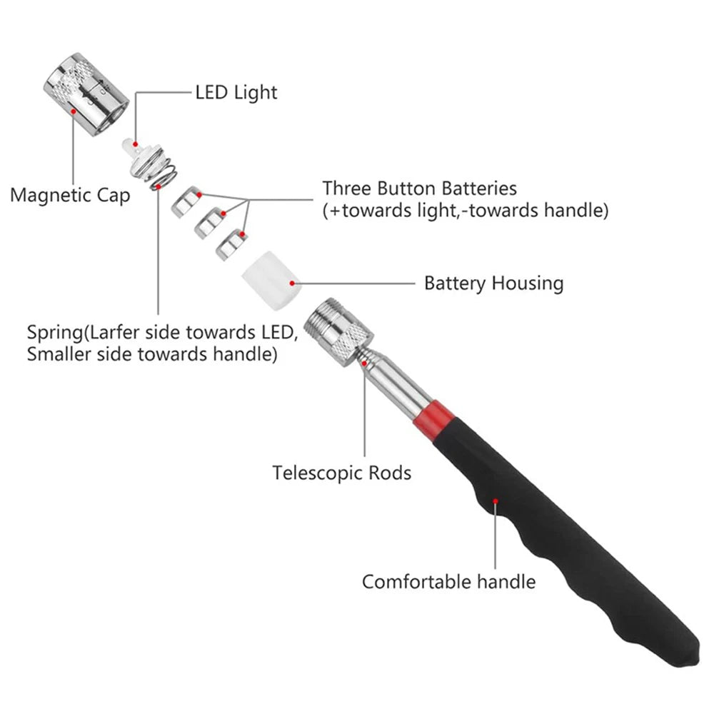 Penna magnetica telescopica con luce Mini. Strumento di raccolta magnete portatile Asta di raccolta estensibile per raccogliere viti, dadi e bulloni.