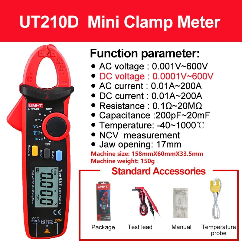 UNI-T UT210E UT210D Pinza amperometrica digitale AC DC True RMS Pinza amperometrica Misuratore di tensione Misuratore di frequenza